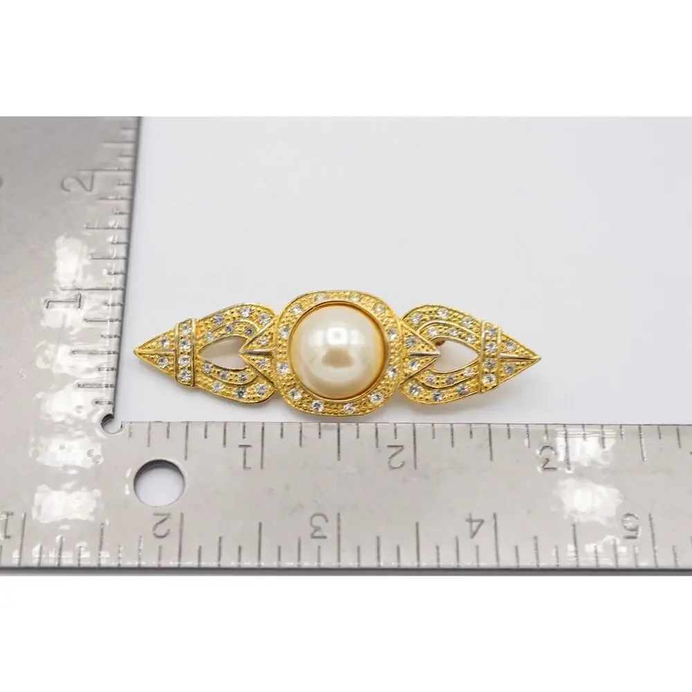 Vintage Statement Pin Brooch Shiny Gold Rhinestone Pearl Bar Chunky 1980s 9B
